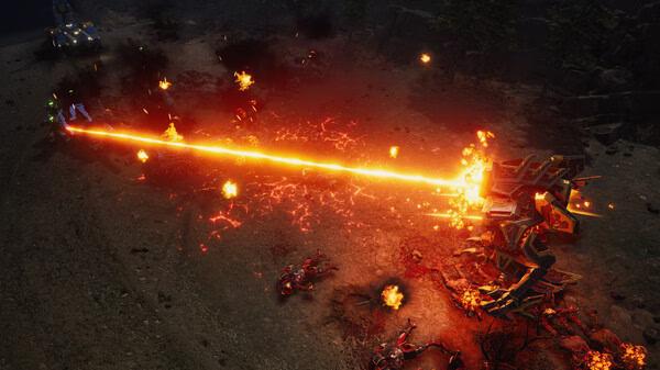 Screenshot from Tempest Rising showing a fierce battle with a laser weapon striking enemies amidst fiery explosions.