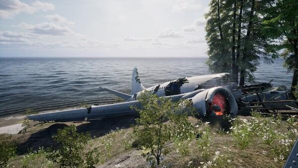 KeepUp Survival screenshot showing a crashed airplane near a shoreline, surrounded by trees and bushes under a clear sky.