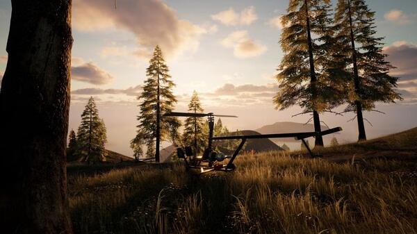 A screenshot from KeepUp Survival showing a small helicopter resting on grassy terrain surrounded by tall trees at sunset.