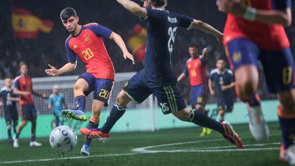 A screenshot from EA SPORTS FC 27 showing a soccer match, with a player in a red jersey passing the ball under pressure.