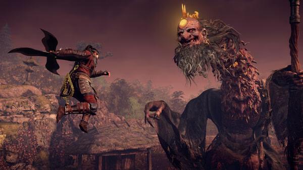 A Nioh 3 with Pre-purchase Bonus screenshot showing a warrior mid-air attacking a giant, monstrous creature in a village setting.