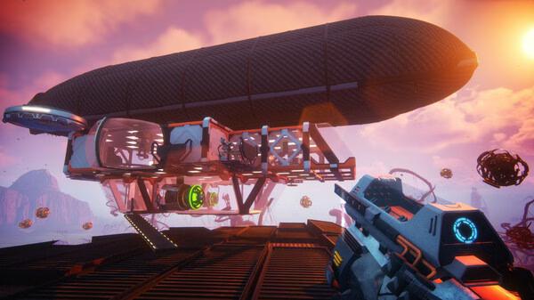 Screenshot from Forever Skies showing a futuristic airship in a vibrant sky, with a player holding a weapon in the foreground.