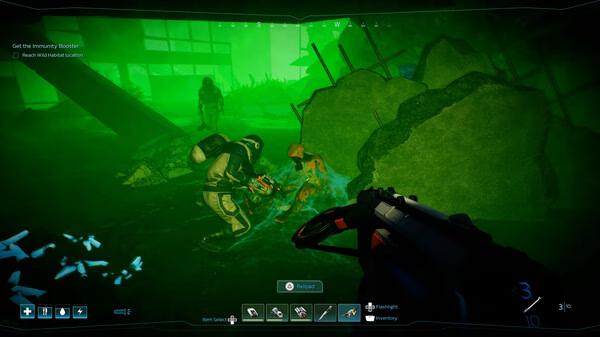 Screenshot from Forever Skies showing a player aiming a weapon at a creature in a green-lit, debris-filled environment.