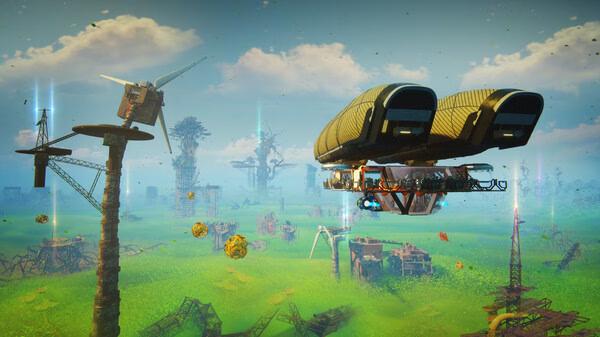 Screenshot from Forever Skies showing a futuristic airship flying over a vivid green post-apocalyptic landscape with ruins.