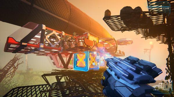 Screenshot from Forever Skies showing a player holding a futuristic tool, facing a bright airship amidst a hazy, orange sky.
