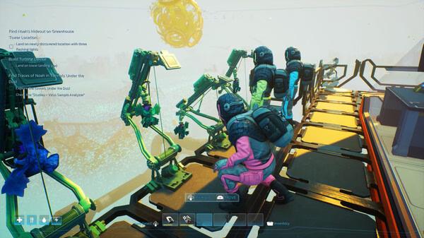 Screenshot from Forever Skies showing characters in spacesuits working with robotic arms on a platform in a foggy environment.