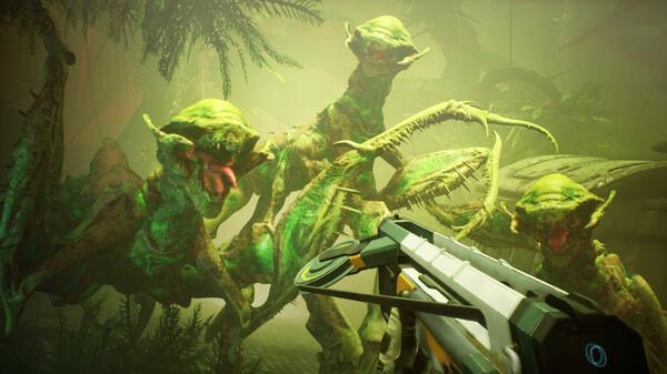 A screenshot from Forever Skies shows a player aiming a weapon at three green insect-like creatures in a foggy environment.