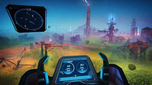 Screenshot from Forever Skies showing a futuristic cockpit view overlooking a colorful, apocalyptic landscape with tall structures.
