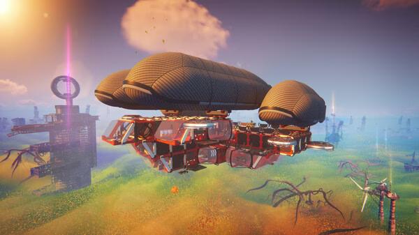 Screenshot from Forever Skies showing a large futuristic airship floating above a colorful, post-apocalyptic landscape.