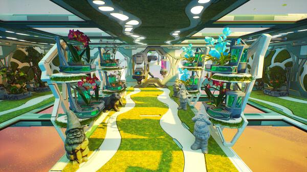 Screenshot from Forever Skies showing a futuristic greenhouse with vibrant plants, garden gnomes, and a glowing pathway.