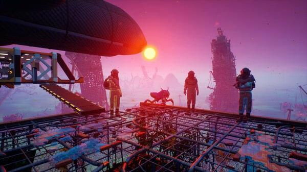 Screenshot from Forever Skies showing four characters standing on a platform with a sunset and ruined towers in the background.