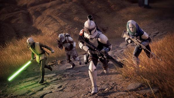 STAR WARS Zero Company™ screenshot: Four characters, including a clone trooper and a Jedi with a green lightsaber, traverse a grassy terrain.