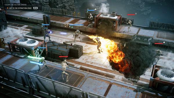 STAR WARS Zero Company™ screenshot: Players battle droids with lightsabers and flamethrowers on a futuristic rooftop.