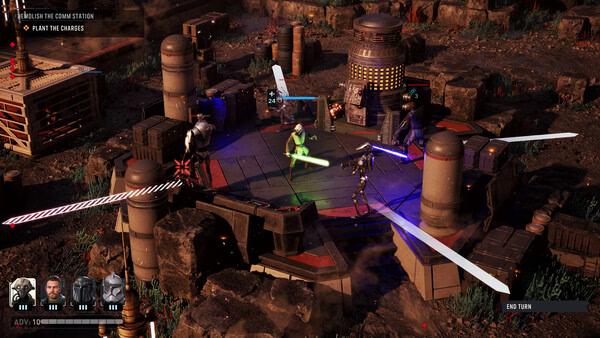STAR WARS Zero Company™ screenshot: Four characters wielding lightsabers and blasters battle on a sci-fi platform in rocky terrain.