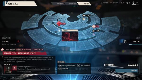 STAR WARS Zero Company™ screenshot: A holographic mission table highlights the planet Vandor with active objectives and rewards.