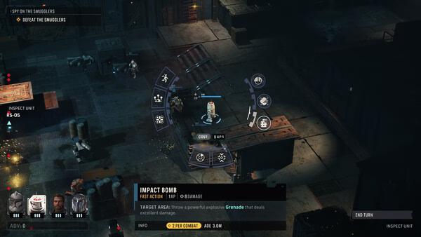 STAR WARS Zero Company™ screenshot showing a character preparing an Impact Bomb action in a dark industrial environment.