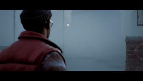A screenshot from SILENT HILL: Townfall showing a character in a red jacket and beanie gazing into a foggy, desolate street.