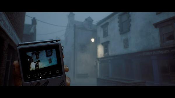 Screenshot from SILENT HILL: Townfall showing a hand holding a portable device displaying a foggy street with eerie buildings.