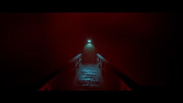 A screenshot from SILENT HILL: Townfall showing a dimly lit door at the end of a foggy, eerie red bridge.
