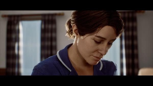 Screenshot from SILENT HILL: Townfall showing a close-up of a woman in a blue uniform, standing in a room with plaid curtains.