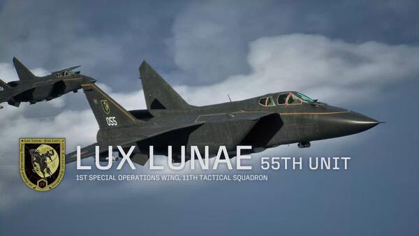 Screenshot from ACE COMBAT 8: WINGS OF THEVE showing two fighter jets in flight with "LUX LUNAE 55TH UNIT" text overlay.