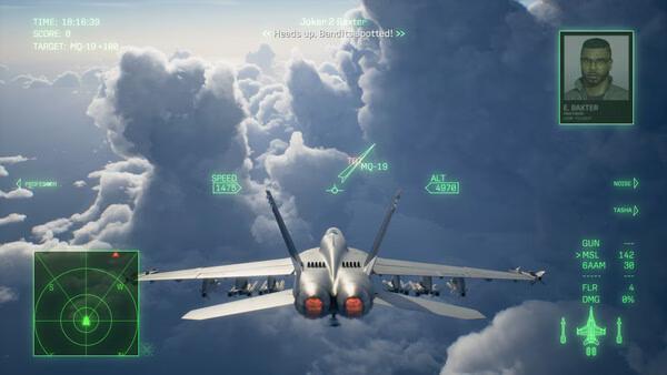 ACE COMBAT 8: WINGS OF THEVE screenshot: Fighter jet in mid-flight with HUD overlay, targeting an enemy aircraft in the clouds.