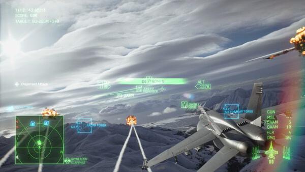 A screenshot from ACE COMBAT 8: WINGS OF THEVE shows a fighter jet in flight, engaging enemies over snowy mountains.