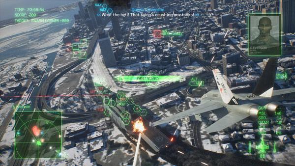 ACE COMBAT 8: WINGS OF THEVE screenshot showing a fighter jet firing missiles over a snowy city with HUD elements and dialogue.