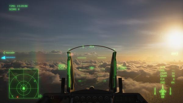 A screenshot from ACE COMBAT 8: WINGS OF THEVE showing a cockpit view of a jet flying above clouds at sunset.