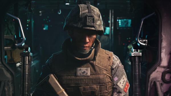 A soldier stands in a dimly lit vehicle, holding a weapon in Call of Duty®: Modern Warfare® 4 screenshot.
