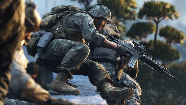 A Call of Duty®: Modern Warfare® 4 screenshot showing soldiers in camouflage gear crouching with rifles in a forested area.