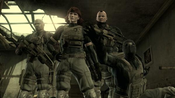 Screenshot from METAL GEAR SOLID: MASTER COLLECTION Vol.2 showing four armed soldiers in tactical gear inside a damaged building.