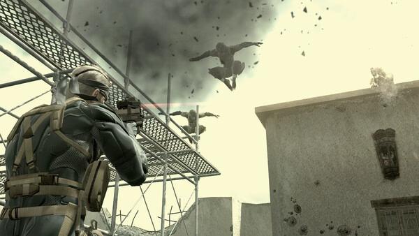 Screenshot from METAL GEAR SOLID: MASTER COLLECTION Vol.2 showing a soldier aiming at enemies leaping from a rooftop amid debris.
