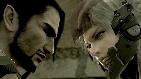 Screenshot from METAL GEAR SOLID: MASTER COLLECTION Vol.2 showing a close-up confrontation between two intense characters.