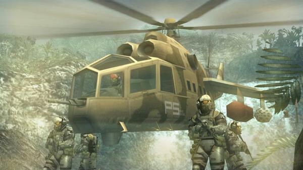 A screenshot from METAL GEAR SOLID: MASTER COLLECTION Vol.2 showing a helicopter and armed soldiers in a jungle setting.