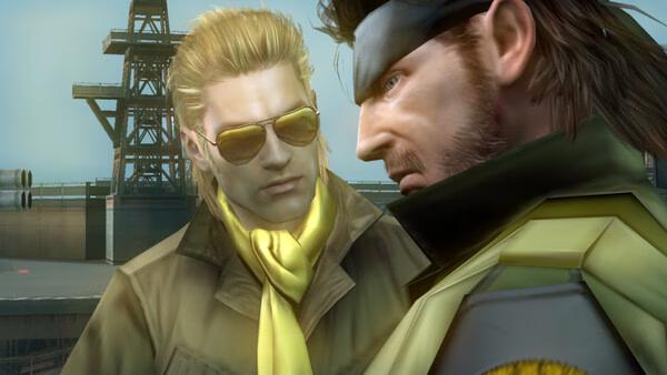 Screenshot from METAL GEAR SOLID: MASTER COLLECTION Vol.2 showing two characters in a tense conversation on a platform.