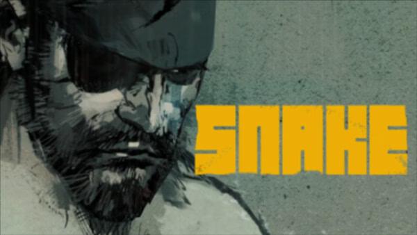 Screenshot from METAL GEAR SOLID: MASTER COLLECTION Vol.2 showing Snake's close-up portrait with bold yellow text "SNAKE".