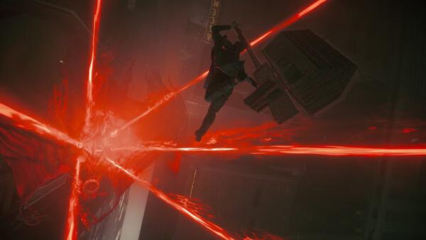 A CONTROL Resonant screenshot showing a character mid-air, battling a red energy entity with beams of light in a dark setting.