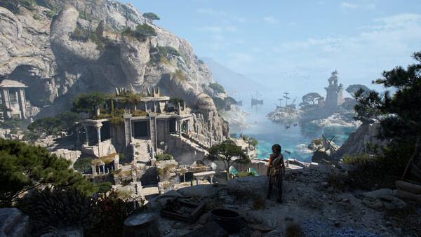 A screenshot from Resonance: A Plague Tale Legacy showing a character overlooking ancient ruins by a scenic coastal landscape.