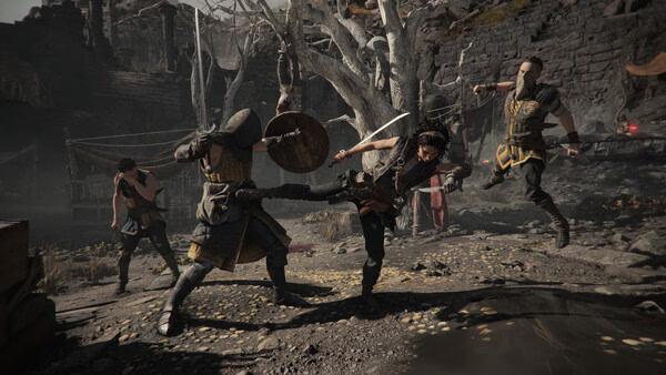 A screenshot from "Resonance: A Plague Tale Legacy" showing intense combat between characters in a desolate, war-torn environment.