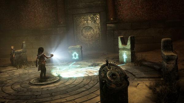 Screenshot from Resonance: A Plague Tale Legacy showing a character illuminating symbols in an ancient stone chamber.