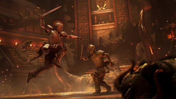 A screenshot from Resonance: A Plague Tale Legacy showing two armored warriors clashing swords in a grand, fiery arena.