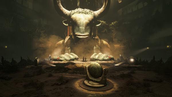 Screenshot from "Resonance: A Plague Tale Legacy" showing a massive bull statue in a dimly lit, eerie chamber with mist and glowing artifacts.