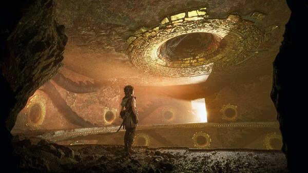 Screenshot from Resonance: A Plague Tale Legacy showing a character exploring a cave with glowing circular patterns on the ceiling.