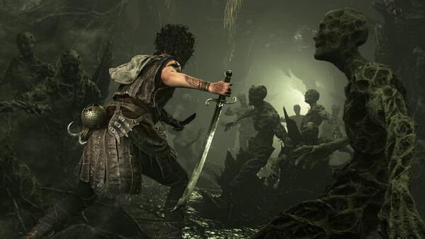 A screenshot from Resonance: A Plague Tale Legacy showing a character wielding a sword, facing a horde of skeletal enemies in a dark cavern.