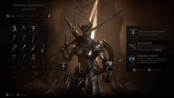 Screenshot from Mortal Shell II showing a character in dark armor holding a sword in the equipment menu.