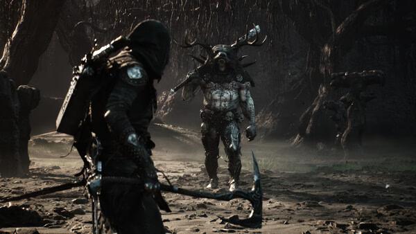 A screenshot from Mortal Shell II showing a hooded warrior facing a horned, armored enemy in a dark, eerie forest setting.