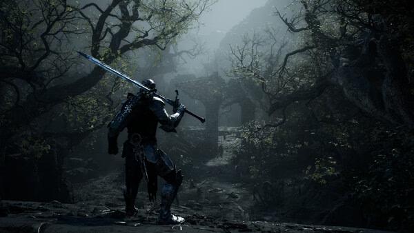 A screenshot from Mortal Shell II showing a warrior in armor holding a sword, standing in a dark, eerie forest with ruins ahead.