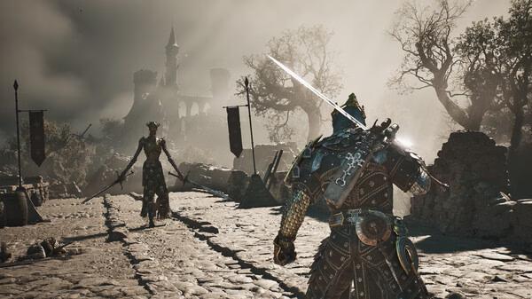 A Mortal Shell II screenshot showing an armored warrior facing a menacing enemy on a cobblestone path with a castle in the background.