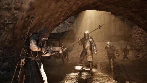 A Mortal Shell II screenshot showing an armored knight with a polearm facing off against a hooded figure under a stone archway.